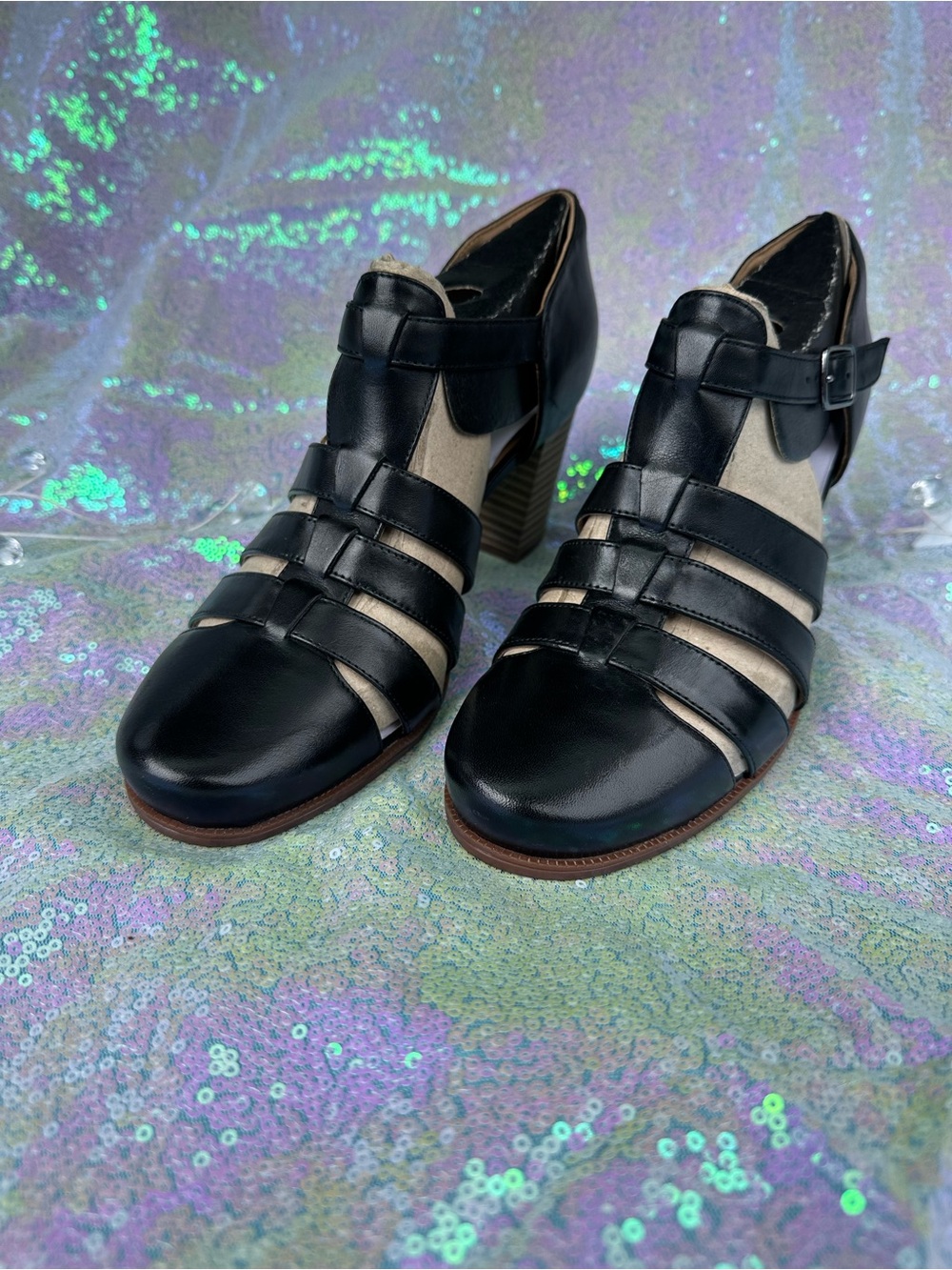 Clarks Black Strappy Buckle Block-Heel Pumps